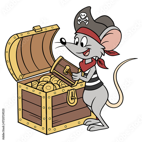 Vector art of a cartoon illustration of a pirate mouse with a treasure chest, creating a whimsical scene filled with adventure, humor, and the allure of hidden riches