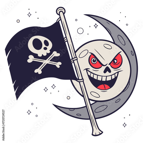 Vector art of a cartoon illustration of a spooky moon holding a pirate flag, creating a whimsical yet eerie scene with a touch of adventure and fantasy