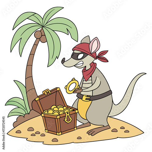 Vector art of a cartoon kangaroo pirate with a red bandana and eye patch is stealing gold coins and a ring from a treasure chest on a tropical island
