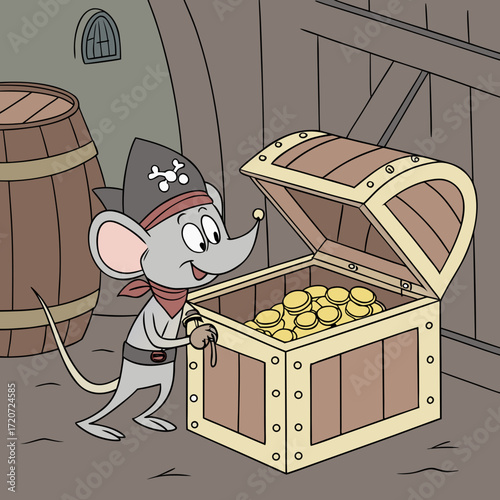 Vector art of a cartoon mouse dressed as a pirate stands next to an open treasure chest filled with gold coins in a dimly lit room with a barrel and a window in the background