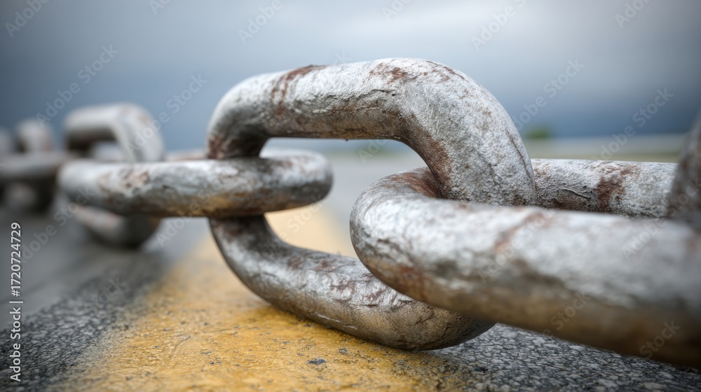 Fototapeta premium Chain representing blockchain growth on a road symbolizing progress and development in technology and innovation