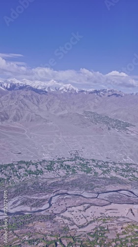 View from the plane window of a winding stream in Ladakh.