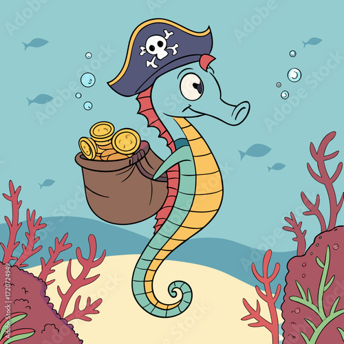Vector art of a charming cartoon seahorse dressed as a pirate, carrying a bag of gold coins underwater, surrounded by coral and fish, creating a whimsical and adventurous scene