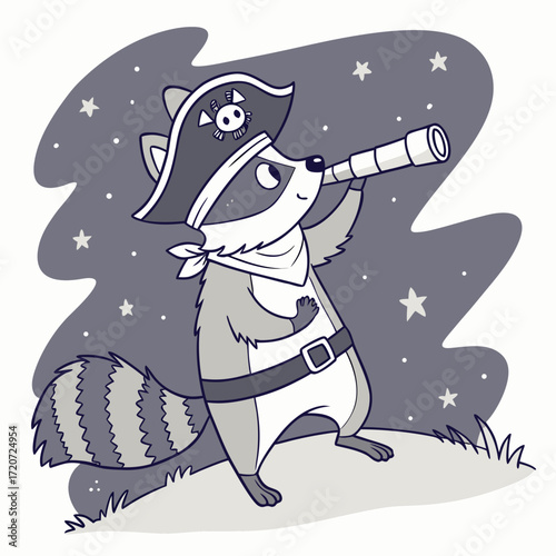 Vector art of a charming cartoon raccoon pirate stands on a grassy hill under a starry night sky, peering through a telescope with a determined expression