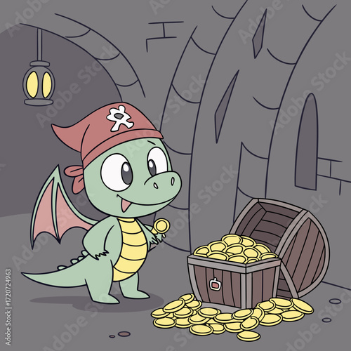 Vector art of a charming illustration of a baby dragon pirate guarding a treasure chest filled with gold coins in a stone cave, lit by a lantern, creating a playful scene