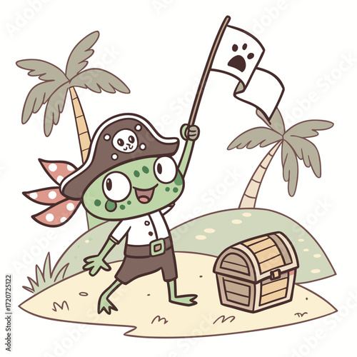 Vector art of a cheerful frog pirate, sporting a skulladorned hat, proudly waves a flag on a tropical island with palm trees, standing guard over a treasure chest