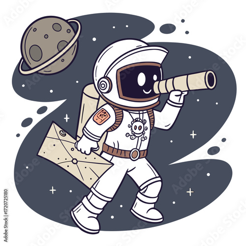 Vector art of a cute astronaut in space, holding a telescope and a map, explores the cosmos with a sense of wonder and adventure
