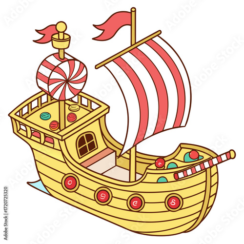 Vector art of a delightful cartoon illustration of a candythemed pirate ship, featuring sweets, vibrant colors, and whimsical details, sailing on a sea of sugary dreams
