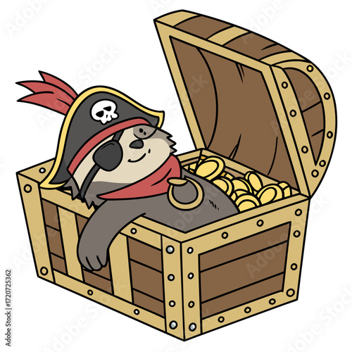 Vector art of a delightful cartoon illustration of a sloth pirate lounging in a treasure chest full of gold coins, , exuding a sense of playful adventure and charm