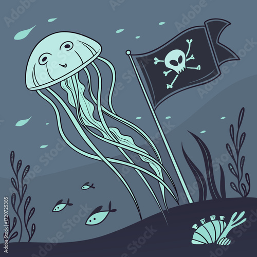 Vector art of a delightful cartoon illustration showcases a jellyfish pirate, complete with a pirate flag, set against an underwater backdrop of fish and coral