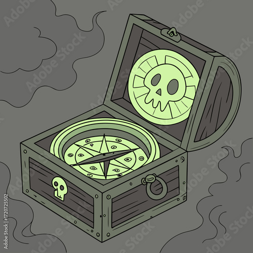 Vector art of a glowing treasure chest with a compass and a coin inside emits ghostly smoke, hinting at a pirates hidden secrets and the allure of adventure on the high seas