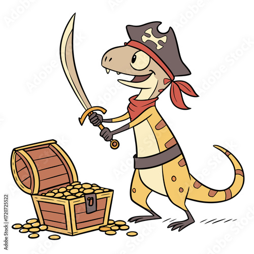 Vector art of a jovial cartoon dinosaur pirate stands proudly beside his treasure chest, brandishing his sword with a grin