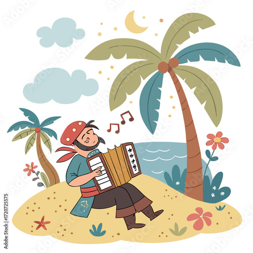 Vector art of a joyful pirate serenades the beach with his accordion under the moonlight, surrounded by palm trees and tropical flora, creating a festive and whimsical island atmosphere