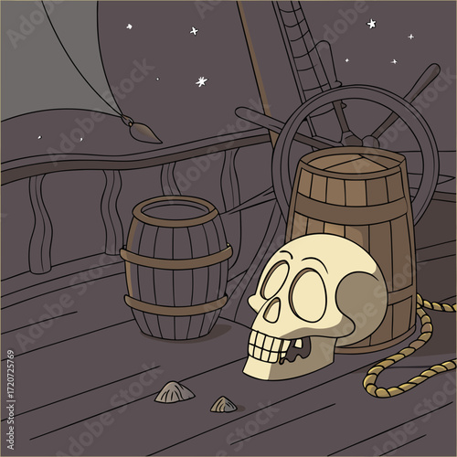 Vector art of a spooky pirate scene unfolds on the deck of a ship under a starry night sky, featuring a skull, barrels, a ships wheel, and a rope, creating a mysterious and adventurous atmosphere
