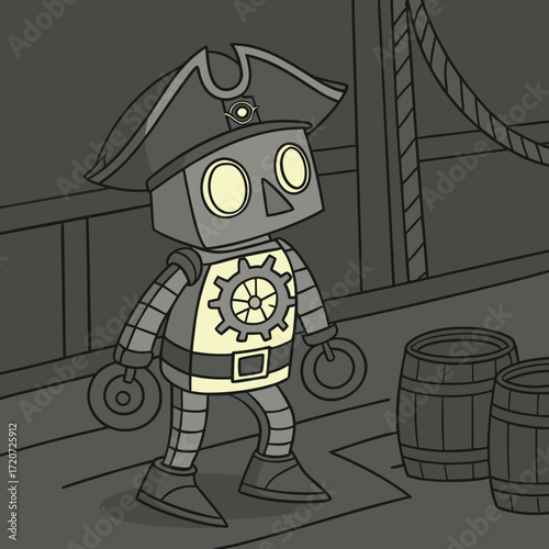 Vector art of a steampunk pirate robot stands on a ship deck, barrels nearby, its gear and hat hinting at a life of adventure on the high seas in a mechanical world