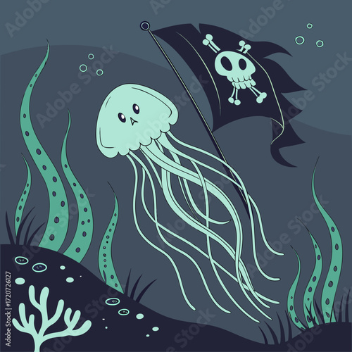 Vector art of a whimsical cartoon illustration features a jellyfish pirate, complete with a pirate flag, set against an underwater backdrop of seaweed and bubbles