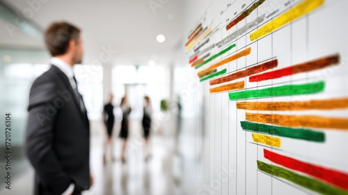 Man in suit standing before a wall with a colorful sticky board as a representation of business roadmap panel concept