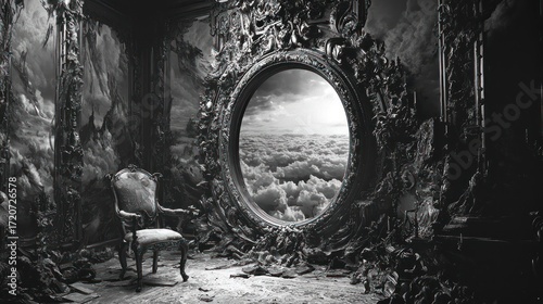 Mysterious Portal to a Cloud World in a Dark, Ornate Room.