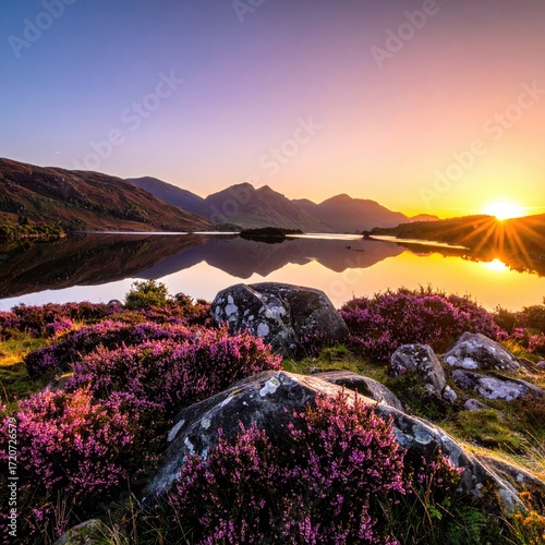 Serene lake sunrise with vibrant purple heather
