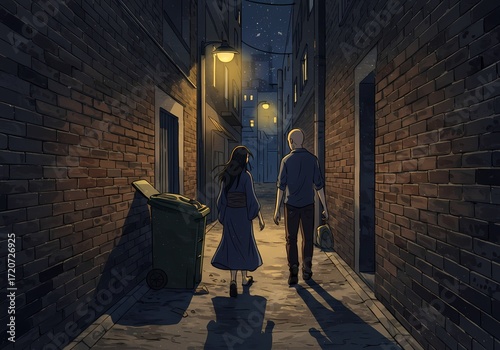 Young couple walking hand in hand through alley at night