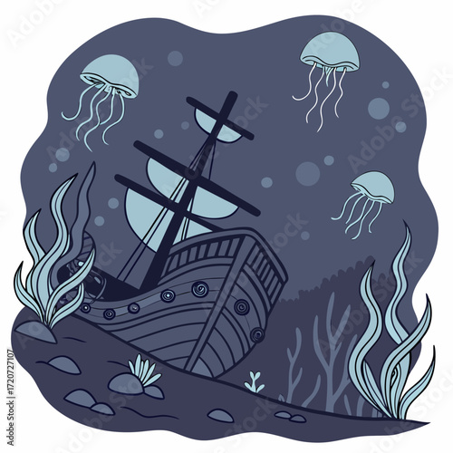 Vector art of sunken ship with jellyfish and seaweed on the seabed, a vector illustration of an old shipwreck in the ocean with marine life, perfect for childrens books and educational materials