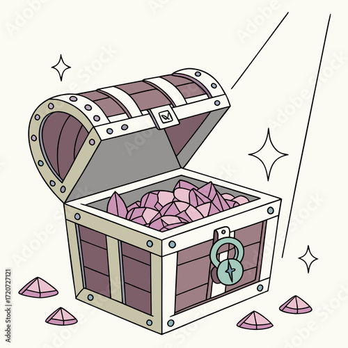 Vector art of treasure chest brimming with amethyst gems, a captivating illustration, promising untold riches and exciting adventures for all who seek it