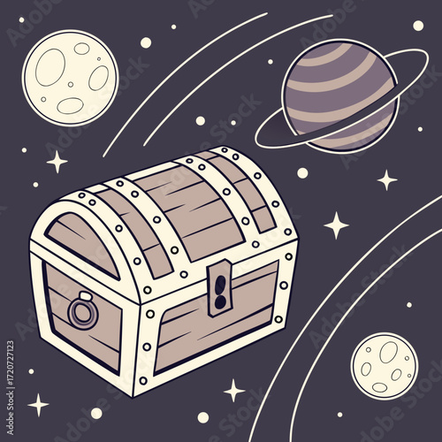 Vector art of treasure chest in space with planets and stars, a vector illustration of a pirates loot in the cosmos, perfect for childrens books and educational materials