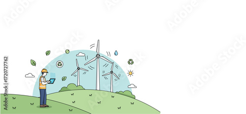 Technician monitors wind turbines on a grassy hill, illustrating sustainable energy.
