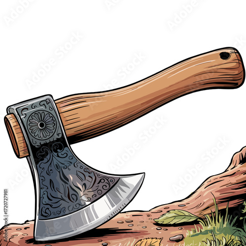 Line art cartoony wood handle axe resting on a wooden stump in a forest setting 
