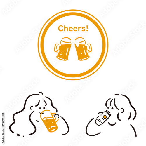 【SET】ビールアイコンとお酒を飲む女の子のイラストセット
