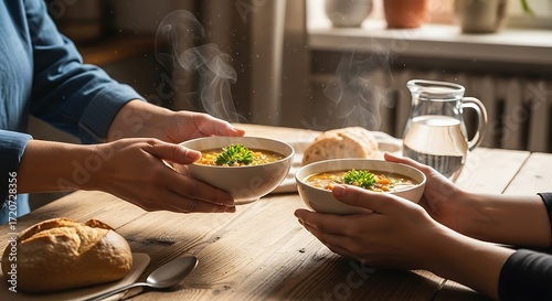 Warm soup is shared, steaming bowls offered on a rustic table.