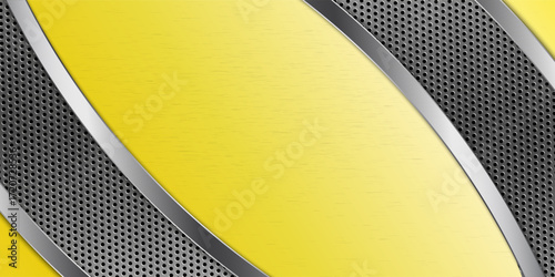 Abstract background with bright yellow and curved metallic perforated strips, creating a modern and dynamic design.