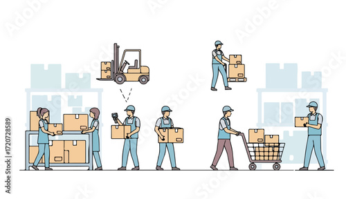 Warehouse workers handling boxes and using a forklift in a warehouse setting.