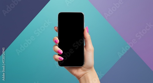 Stylish woman holding modern frameless smartphone with vibrant pink nails against a geometric backdrop for mobile app advertising
