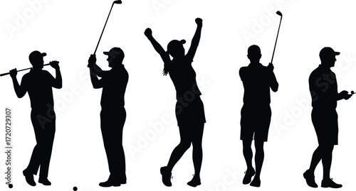 Golf players silhouettes, sports vector illustration, golfing action poses, recreational activity design, outdoor sport concept, athlete performance, fitness lifestyle, competitive game illustration