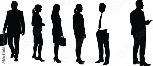 Business people silhouettes, professional men and women standing, office workers, teamwork concept, formal attire, corporate communication vector, career and leadership illustration