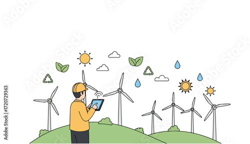 Technician monitoring wind turbines using a tablet, amidst a clean energy landscape.