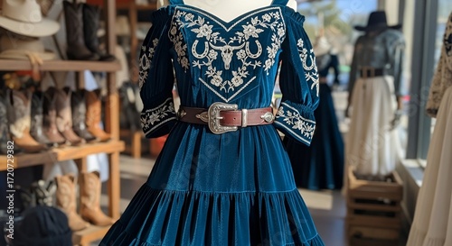 Stunning turquoise velvet dress with western embroidery and leather belt for elegant country western style, perfect for fashion and lifestyle concepts