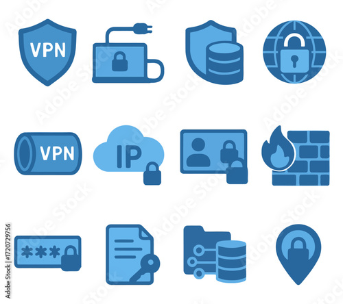 Cybersecurity: A comprehensive collection of digital security icons, illustrating various protective measures to safeguard sensitive information and network assets in a modern digital world.