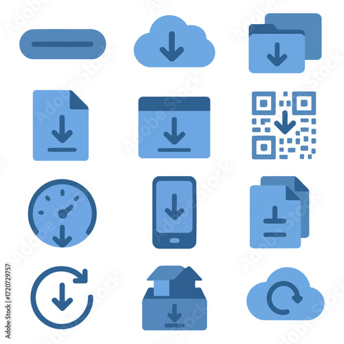 Download Icon Set: A curated set of versatile download icons, perfectly crafted for web design, mobile app development, and various digital interfaces. These vector illustrations provide a clean.