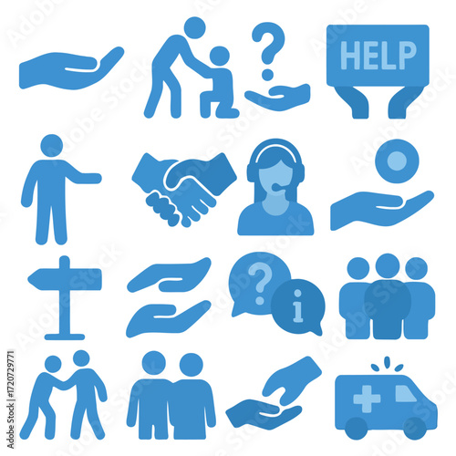 Service Icons: A collection of elegant and stylized blue icons, conveying themes of assistance, support, and care, ideal for visual communication. 