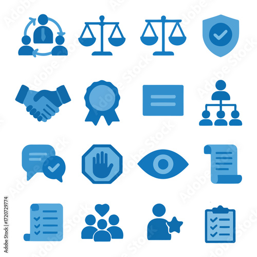Corporate and Legal Icons: A collection of neatly arranged icons that represent diverse facets of business, law, and corporate strategy, showcasing the essence of teamwork, ethics.