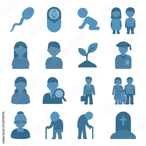 Human Life Cycle: Conceptual visual representation depicting the stages of life, from conception to elderly, symbolizing the essence of growth, the cycle of life, with simple design