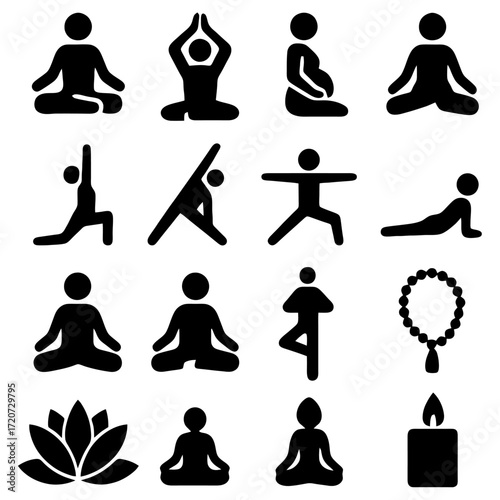 Yoga Poses Set: A visual collection, representing various poses, inviting you to explore the serenity and benefits of yoga practice, embracing the tranquility and strength of the human form.