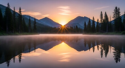 Crédence de cuisine  Stunning sunrise over misty lake and pine forest mountains with perfect reflection, serene nature awakening  © KASHAF MAQSOOD