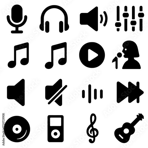 Musical Icon Set: A comprehensive set of musical icons in a simple and clean illustration, encompassing audio essentials such as a microphone, headphones, musical notes, and playback controls.