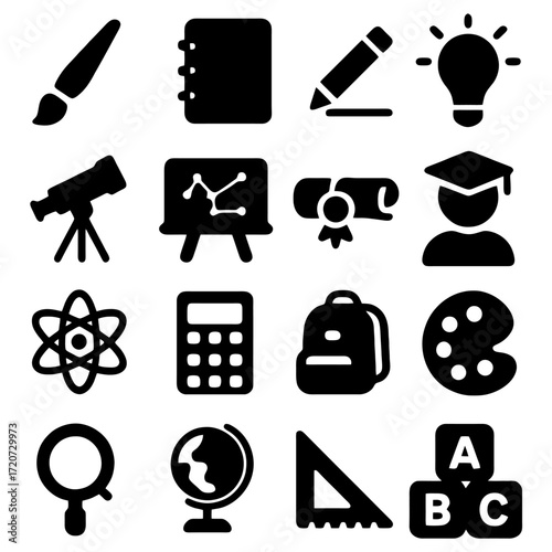 Education Elements Icons: A collection of meticulously crafted education-themed icons in striking black and white. From books and pencils to globes and calculators.