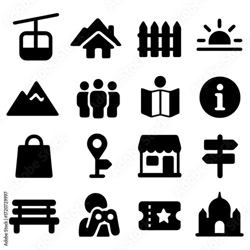Travel Icons: A collection of travel-themed icons, depicting essential elements for navigation and planning, offering a clean and easily recognizable visual language.