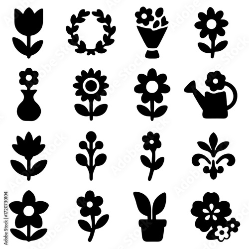 Floral Silhouette Assortment: A collection of captivating black silhouettes of various floral elements, capturing a sense of minimalist beauty and graphic elegance