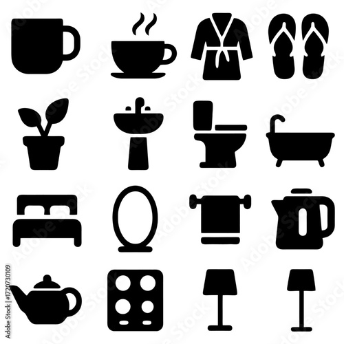 Wallpaper Mural Home Essentials Icon Set: A minimalist monochrome collection of essential household items. The iconic image captures a modern aesthetic and a focus on functionality. Torontodigital.ca